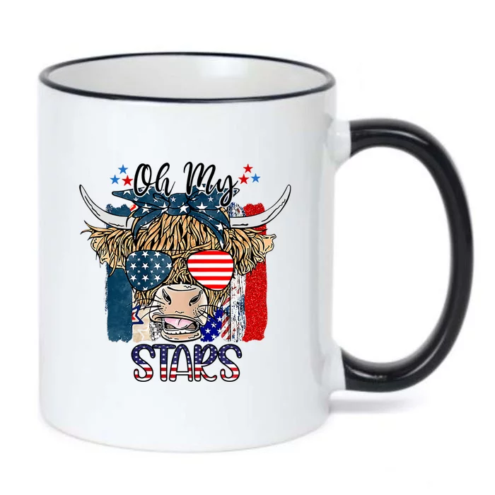 Oh My Stars Cow Highland Cow With 4th July American Flag Gift Black Color Changing Mug