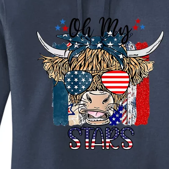 Oh My Stars Cow Highland Cow With 4th July American Flag Gift Women's Pullover Hoodie