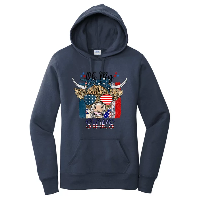 Oh My Stars Cow Highland Cow With 4th July American Flag Gift Women's Pullover Hoodie