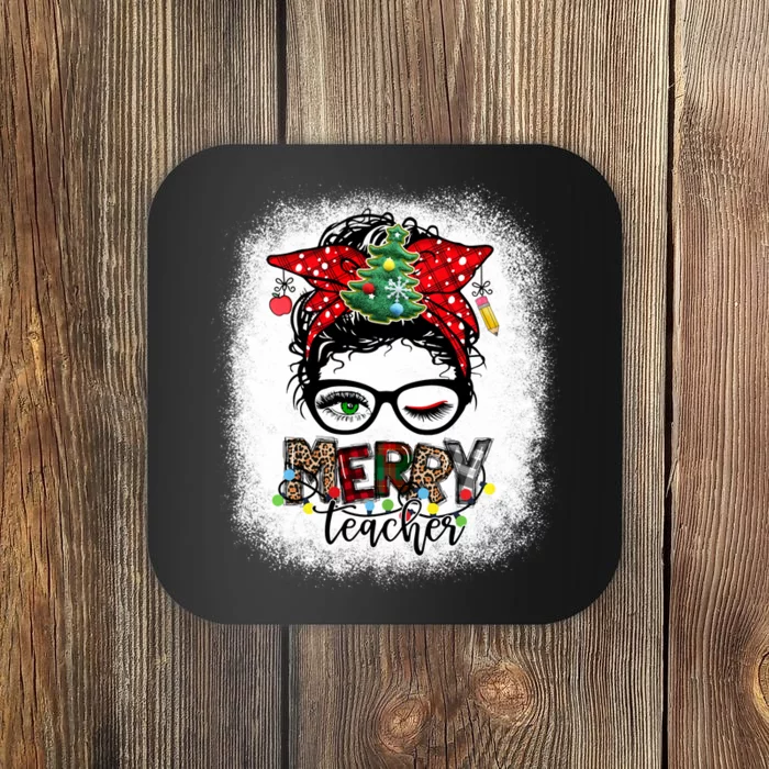 One Merry Teacher Christmas Leopard Messy Bun Teacher Xmas Coaster