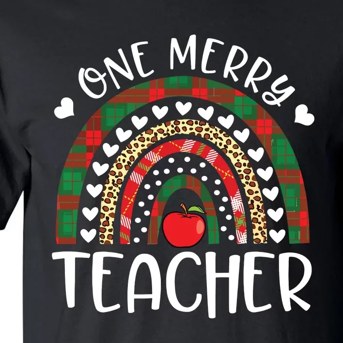 One Merry Teacher Christmas Rainbow Leopard Buffalo Plaid Tall T-Shirt