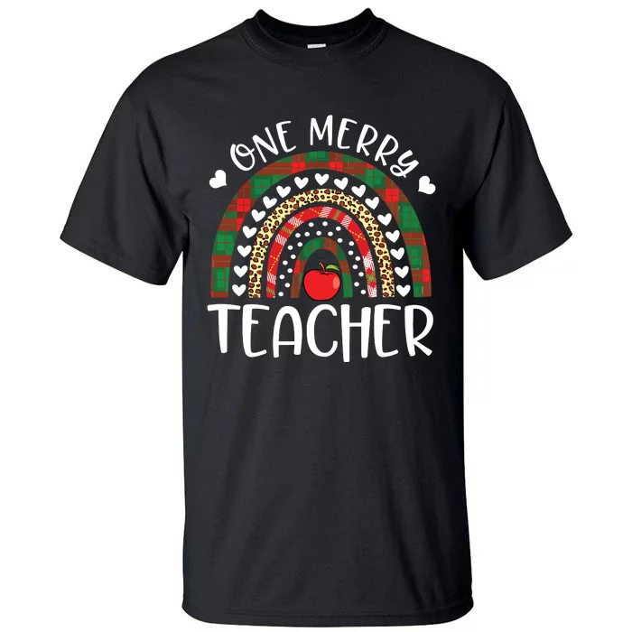 One Merry Teacher Christmas Rainbow Leopard Buffalo Plaid Tall T-Shirt