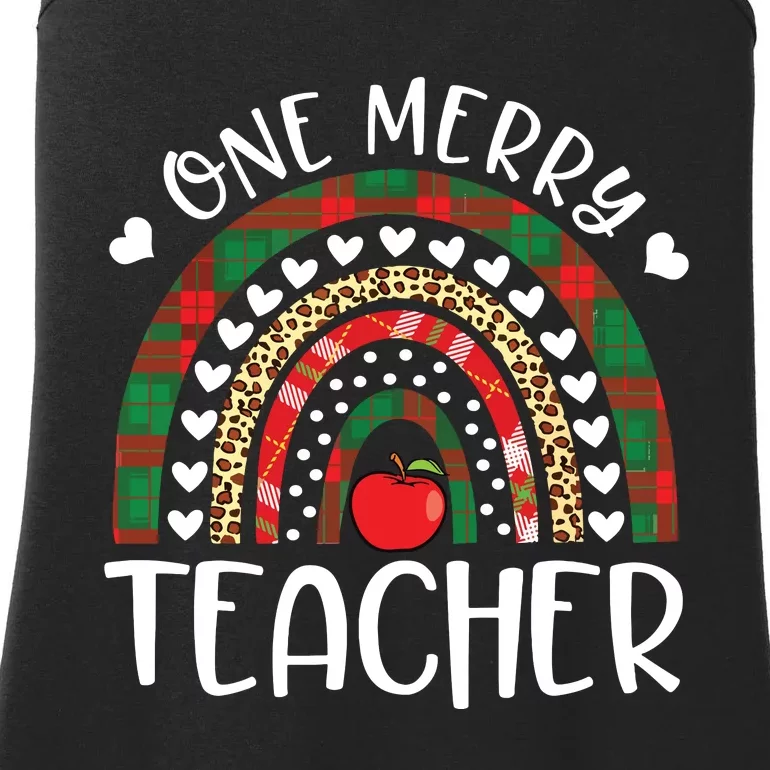 One Merry Teacher Christmas Rainbow Leopard Buffalo Plaid Ladies Essential Tank