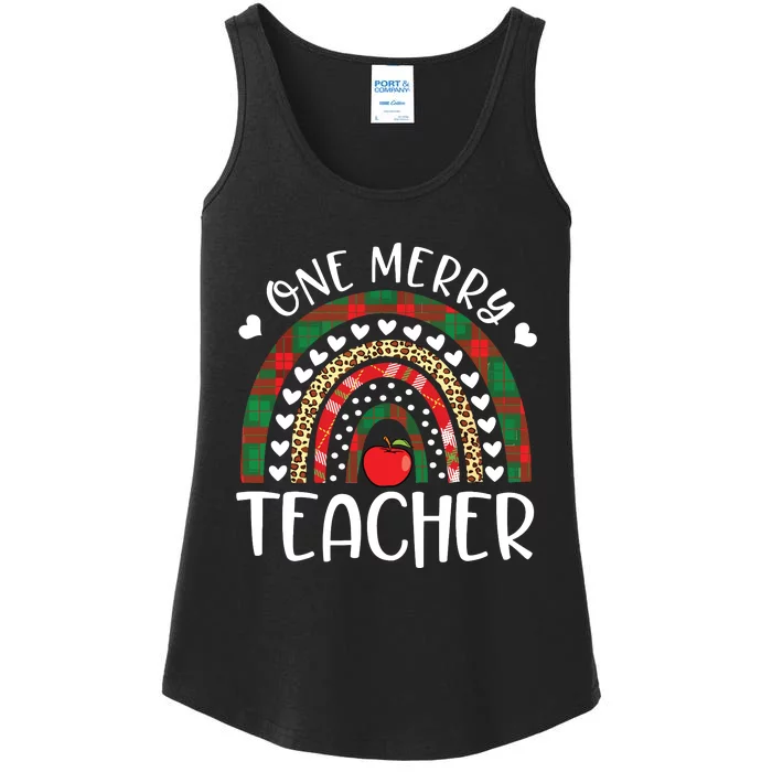 One Merry Teacher Christmas Rainbow Leopard Buffalo Plaid Ladies Essential Tank