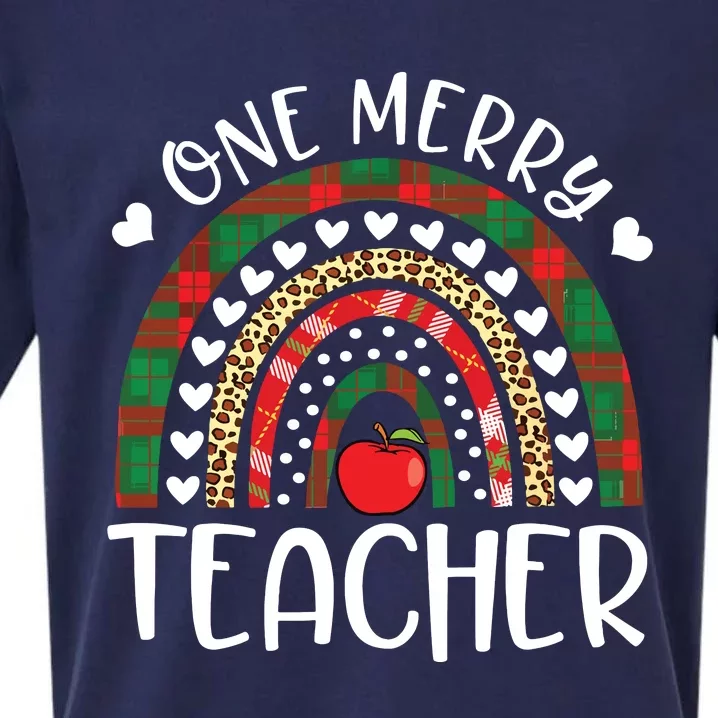 One Merry Teacher Christmas Rainbow Leopard Buffalo Plaid Sueded Cloud Jersey T-Shirt