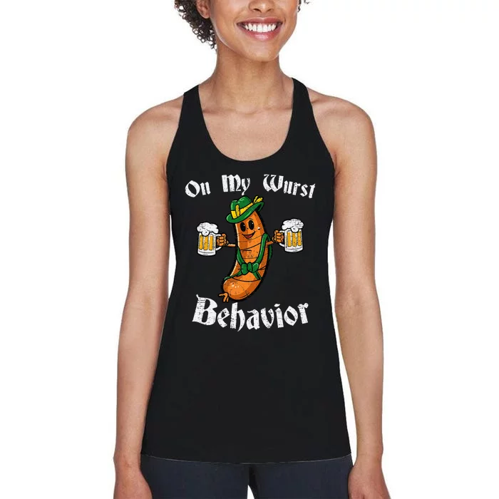 On My Wurst Behavior Funny Bratwurst German Oktoberfest Women's Racerback Tank