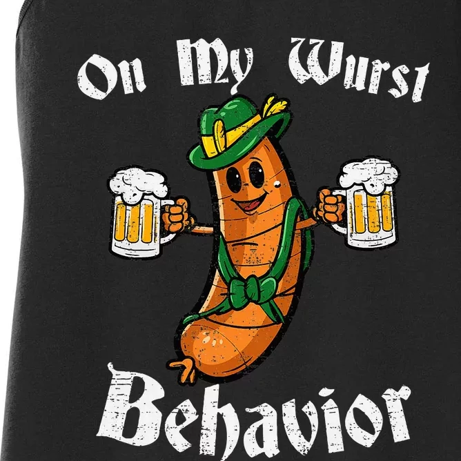 On My Wurst Behavior Funny Bratwurst German Oktoberfest Women's Racerback Tank