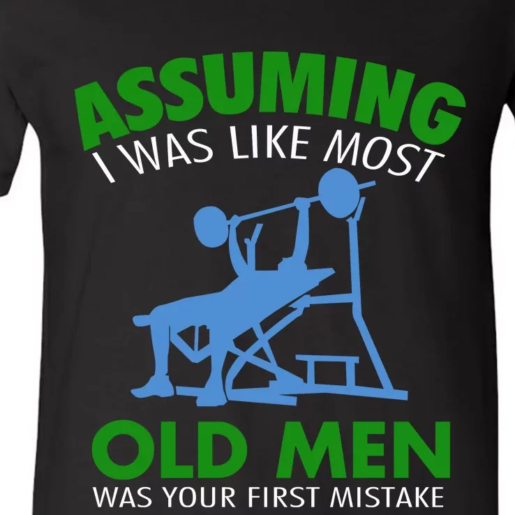 Old Man Weight Lifting Gift For Old Strong People Gift V-Neck T-Shirt