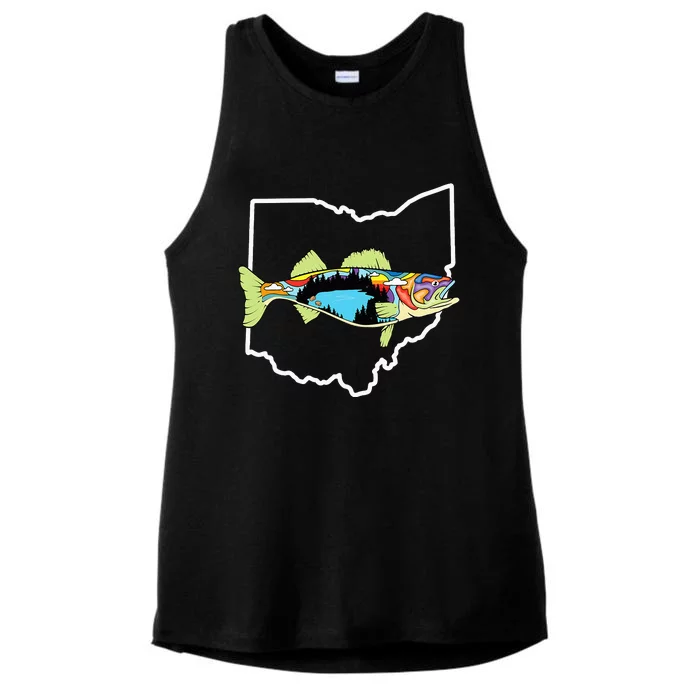 Ohio Map Walleye Fishing Freshwater Fisherman Walleye Fish Ladies Tri-Blend Wicking Tank