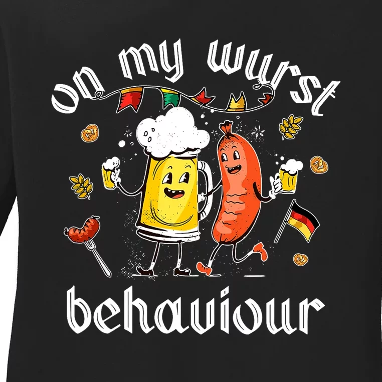 On My Wurst Behavior Funny Bratwurst German Oktoberfest Ladies Long Sleeve Shirt