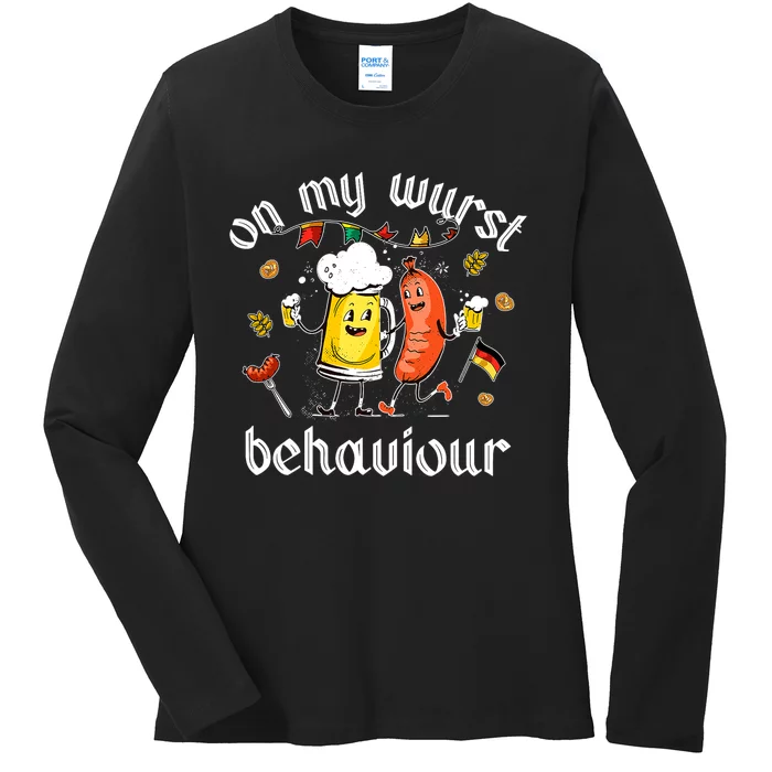 On My Wurst Behavior Funny Bratwurst German Oktoberfest Ladies Long Sleeve Shirt