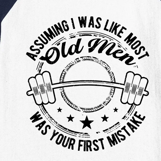 Old Man Weight Lifting Design For Old Strong People Baseball Sleeve Shirt