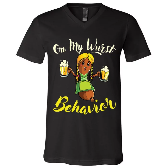 On My Wurst Behavior Funny Bratwurst German Oktoberfest V-Neck T-Shirt