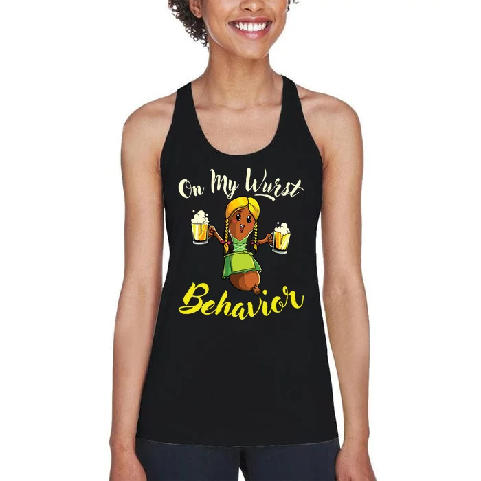 On My Wurst Behavior Funny Bratwurst German Oktoberfest Women's Racerback Tank