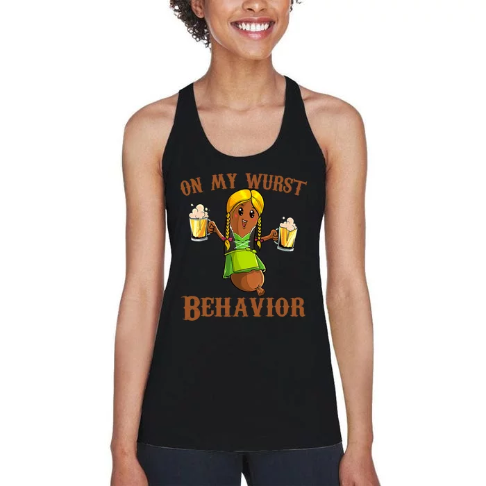 On My Wurst Behavior Bratwurst German Oktoberfest Funny Women's Racerback Tank