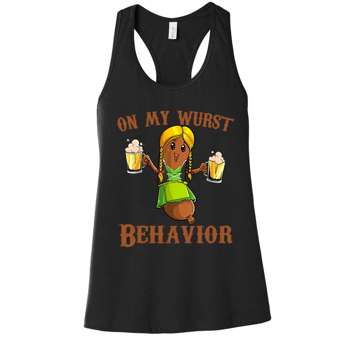 On My Wurst Behavior Bratwurst German Oktoberfest Funny Women's Racerback Tank