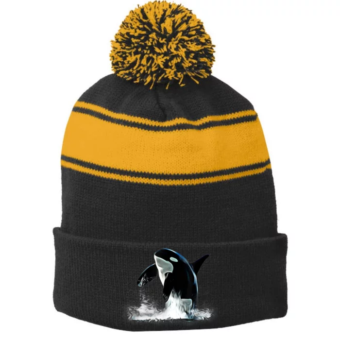 Orca Motif Whale Predator Animals Design Stripe Pom Pom Beanie