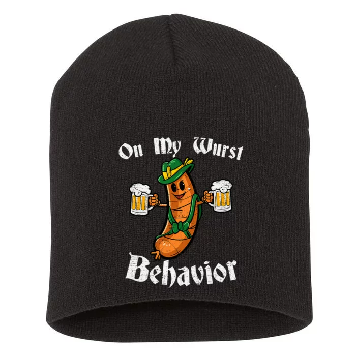 On My Wurst Behavior Funny Bratwurst German Oktoberfest Short Acrylic Beanie