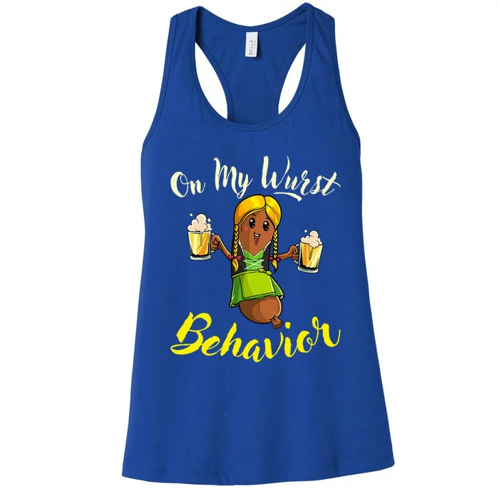 On My Wurst Behavior Funny Bratwurst German Oktoberfest Women's Racerback Tank