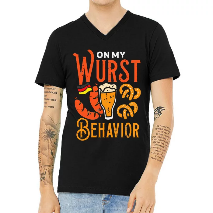 On My Wurst Behavior Funny Bavarian Oktoberfest V-Neck T-Shirt