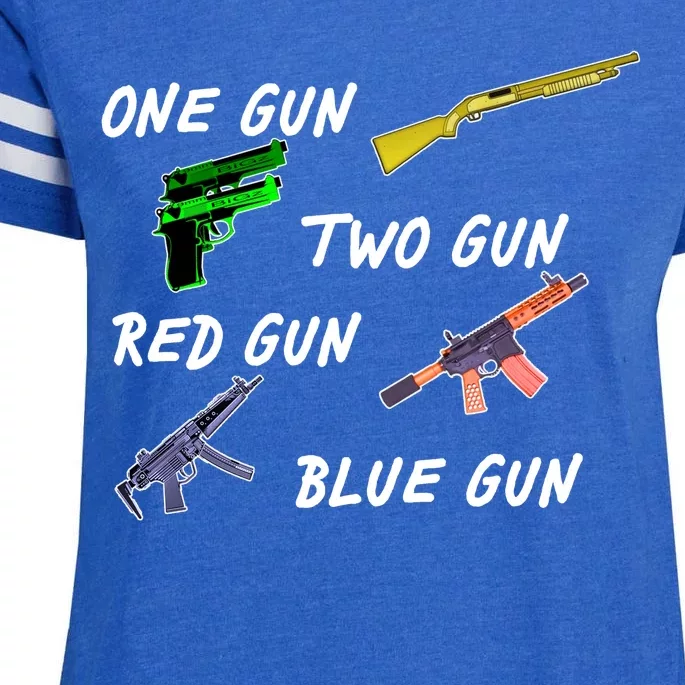 One Gun Two Gun Red Gun Blue Gun Enza Ladies Jersey Football T-Shirt