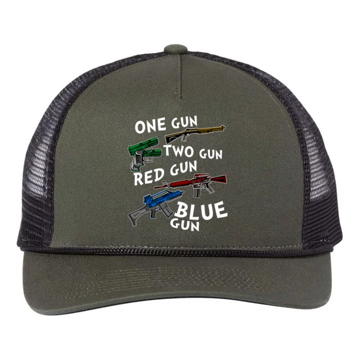 One Gun Two Gun Red Gun Blue Gun Funny Weapons Retro Rope Trucker Hat Cap