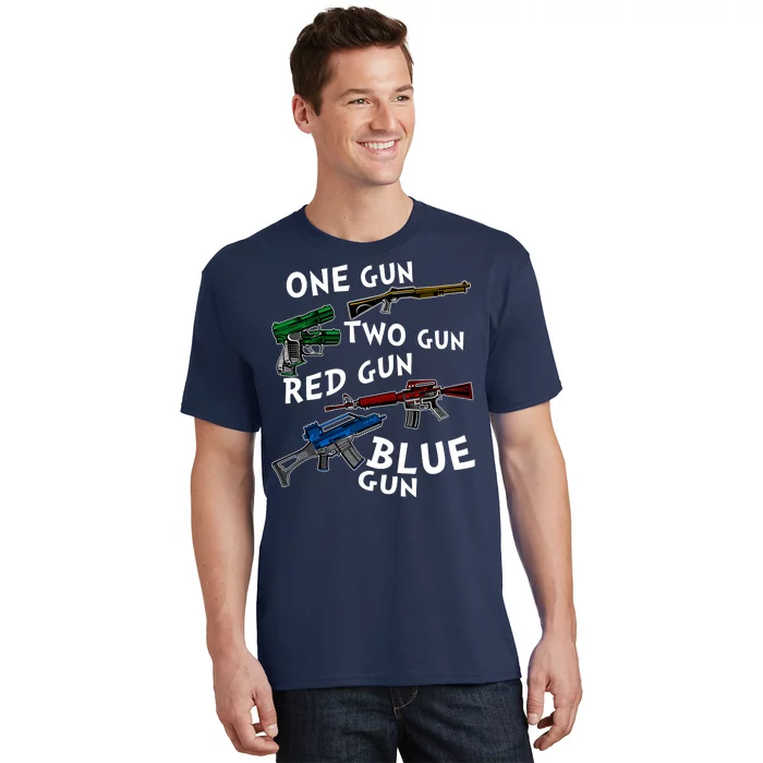 One Gun Two Gun Red Gun Blue Gun Funny Weapons T-Shirt