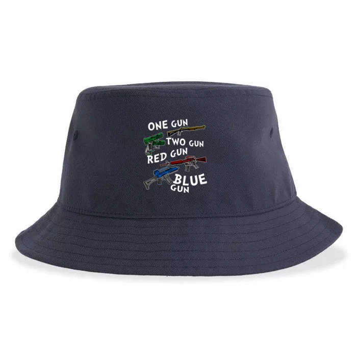 One Gun Two Gun Red Gun Blue Gun Funny Weapons Sustainable Bucket Hat