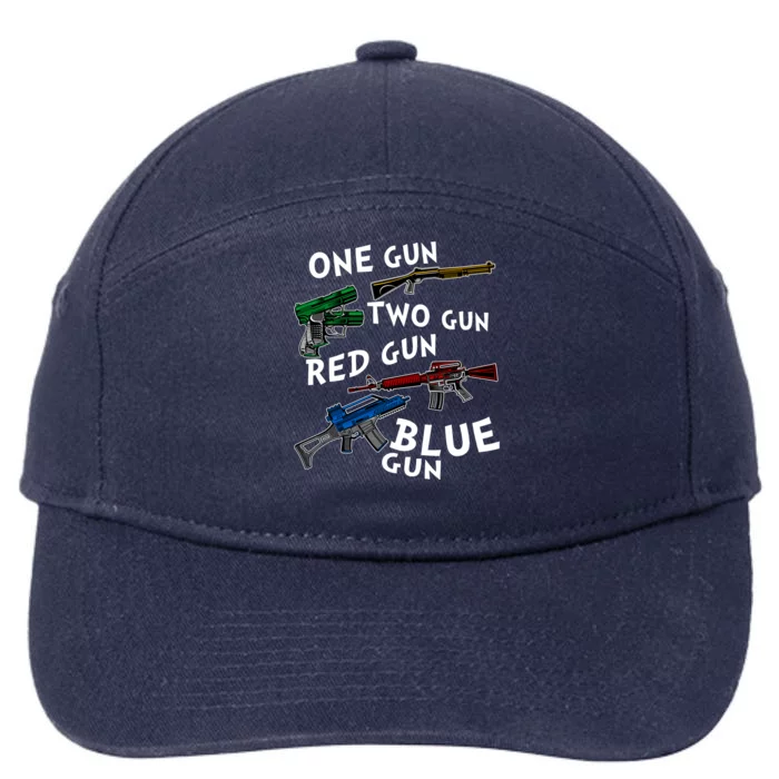 One Gun Two Gun Red Gun Blue Gun Funny Weapons 7-Panel Snapback Hat