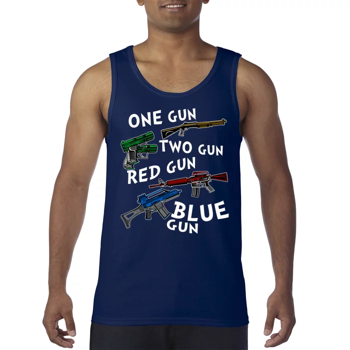 One Gun Two Gun Red Gun Blue Gun Funny Weapons Tank Top