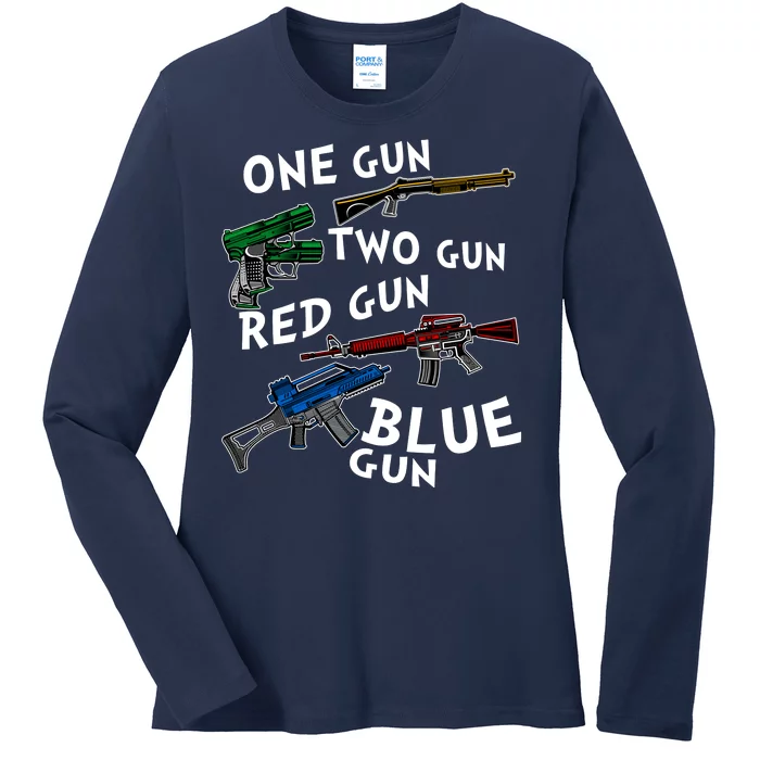 One Gun Two Gun Red Gun Blue Gun Funny Weapons Ladies Long Sleeve Shirt