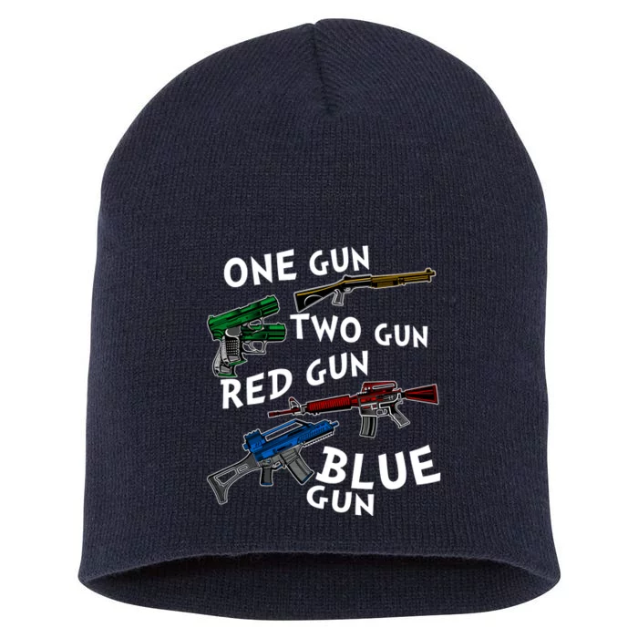 One Gun Two Gun Red Gun Blue Gun Funny Weapons Short Acrylic Beanie