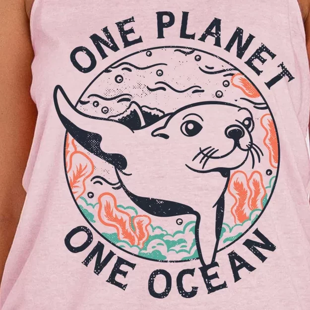 One Planet One Ocean Seal Women's Knotted Racerback Tank