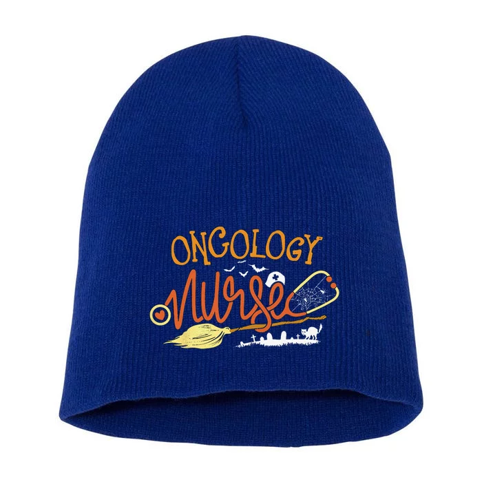 Oncology Nurse Halloween Oncologist Nursing Witch On Broom Short Acrylic Beanie