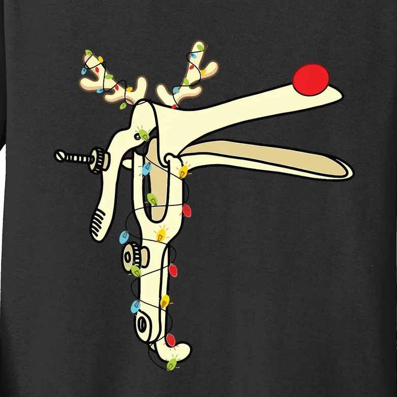 Obgyn Nurse Merry Christmas Reindeer Speculum Xmas Lights Kids Long Sleeve Shirt