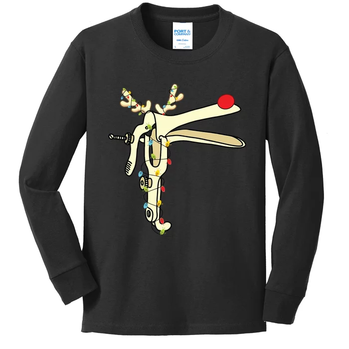 Obgyn Nurse Merry Christmas Reindeer Speculum Xmas Lights Kids Long Sleeve Shirt