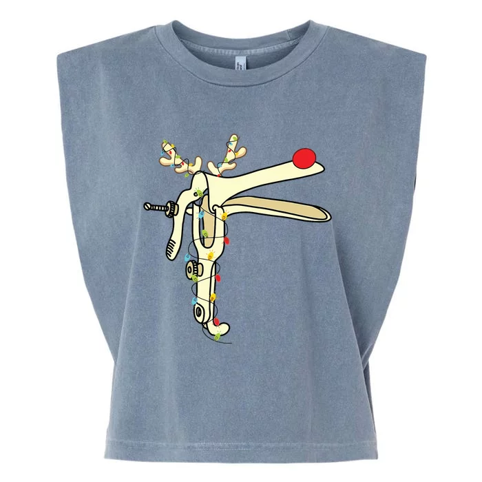 Obgyn Nurse Merry Christmas Reindeer Speculum Xmas Lights Garment-Dyed Women's Muscle Tee