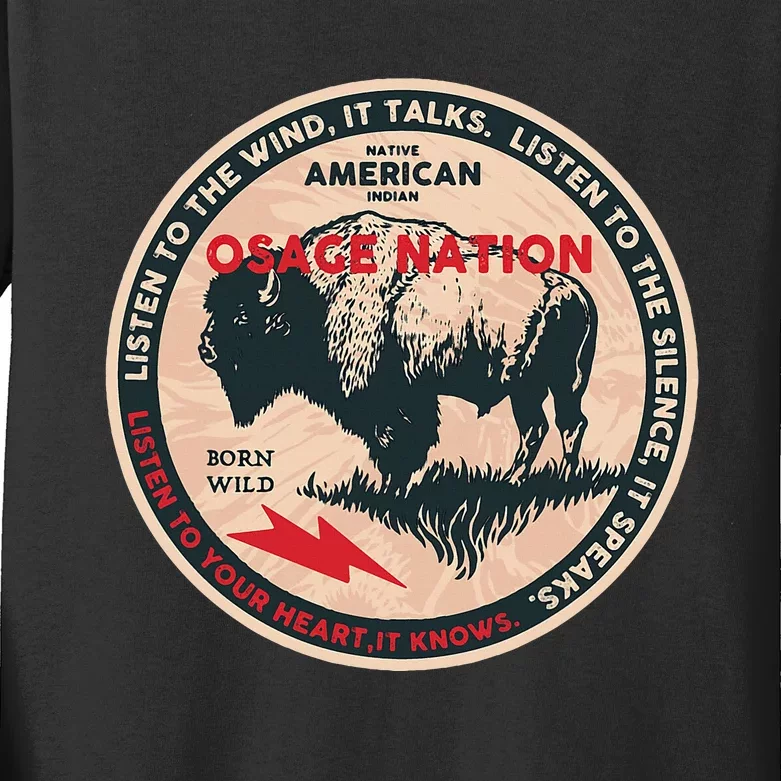 Osage Nation Native American Indian Born Freedom Wild Buffal Kids Long Sleeve Shirt