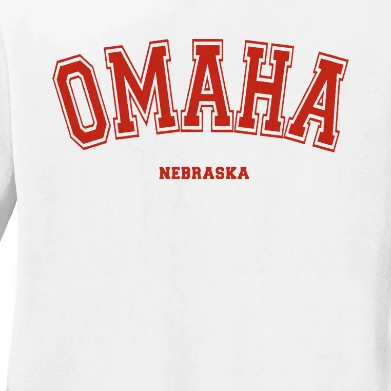 Omaha Nebraska Ne Red Letter Graphic On Omaha Ladies Long Sleeve Shirt