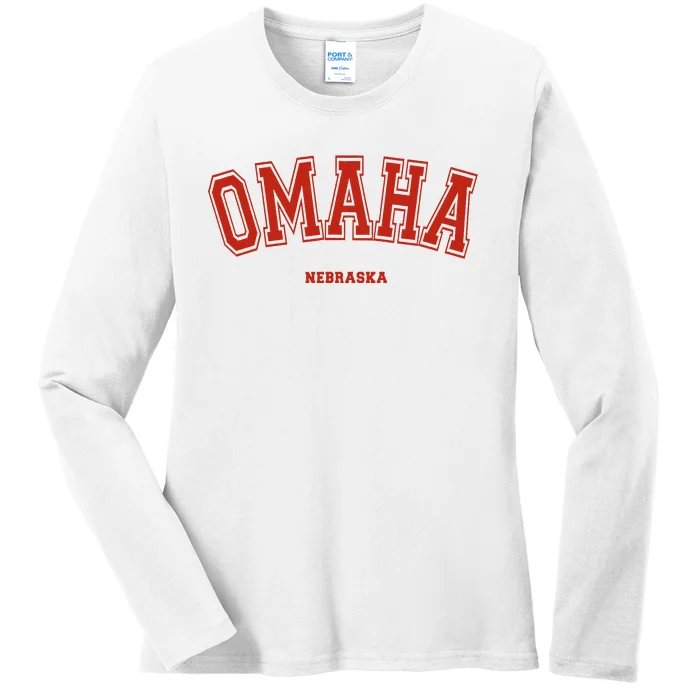 Omaha Nebraska Ne Red Letter Graphic On Omaha Ladies Long Sleeve Shirt