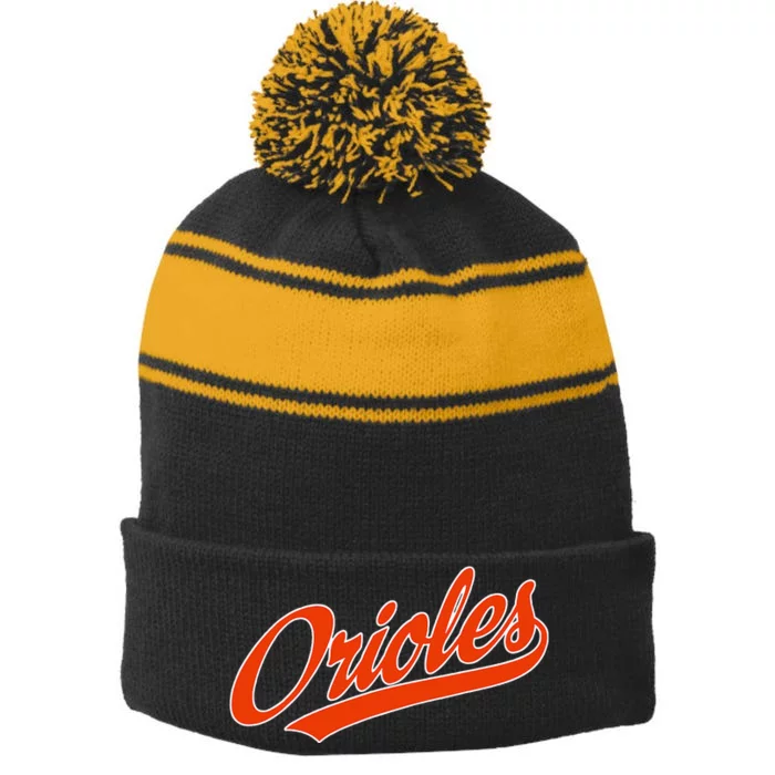 Orioles Name Retro Stripe Pom Pom Beanie