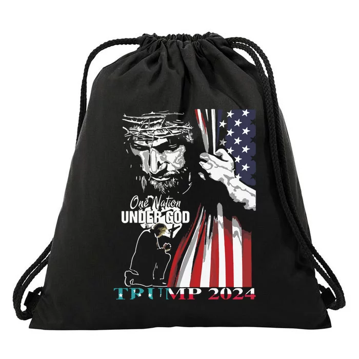 One Nation Under God Trump 2024 God American Flag Drawstring Bag