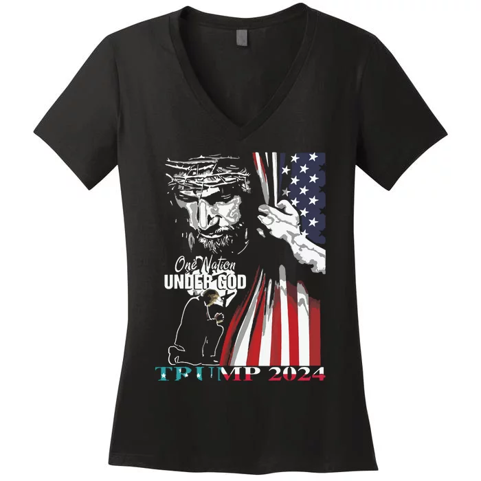 One Nation Under God Trump 2024 God American Flag Women's V-Neck T-Shirt