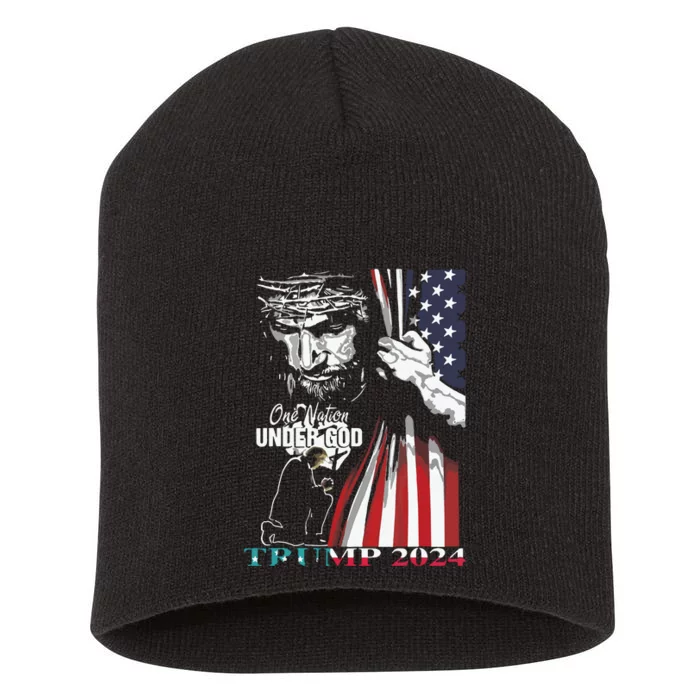 One Nation Under God Trump 2024 God American Flag Short Acrylic Beanie