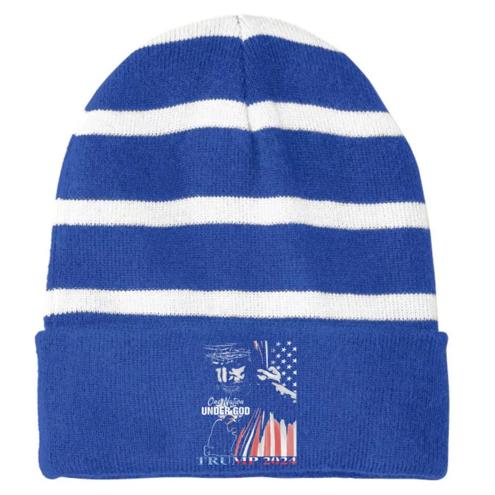 One Nation Under God Trump 2024 God American Flag Striped Beanie with Solid Band