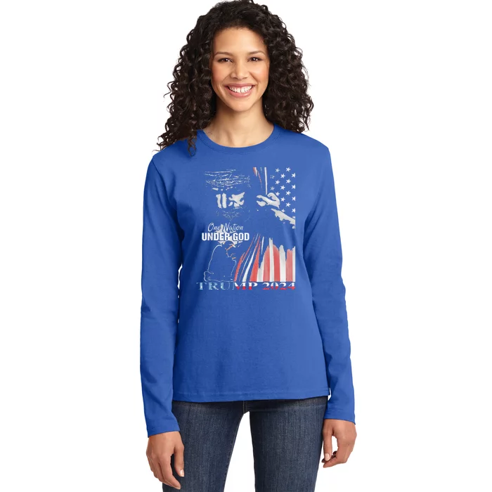 One Nation Under God Trump 2024 God American Flag Ladies Long Sleeve Shirt