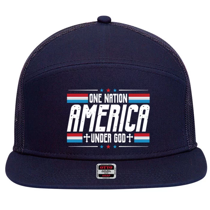 One Nation Under God Patriotic Christian Usa Flag Distressed Gift 7 Panel Mesh Trucker Snapback Hat