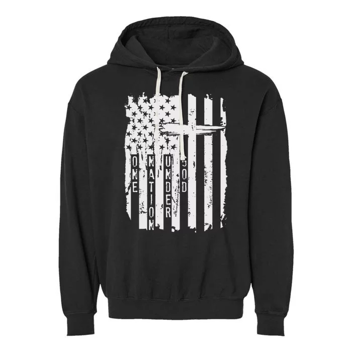 One Nation Under God Grunge Distressed USA American Flag Garment-Dyed Fleece Hoodie