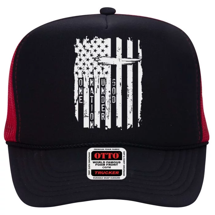 One Nation Under God Grunge Distressed USA American Flag High Crown Mesh Trucker Hat