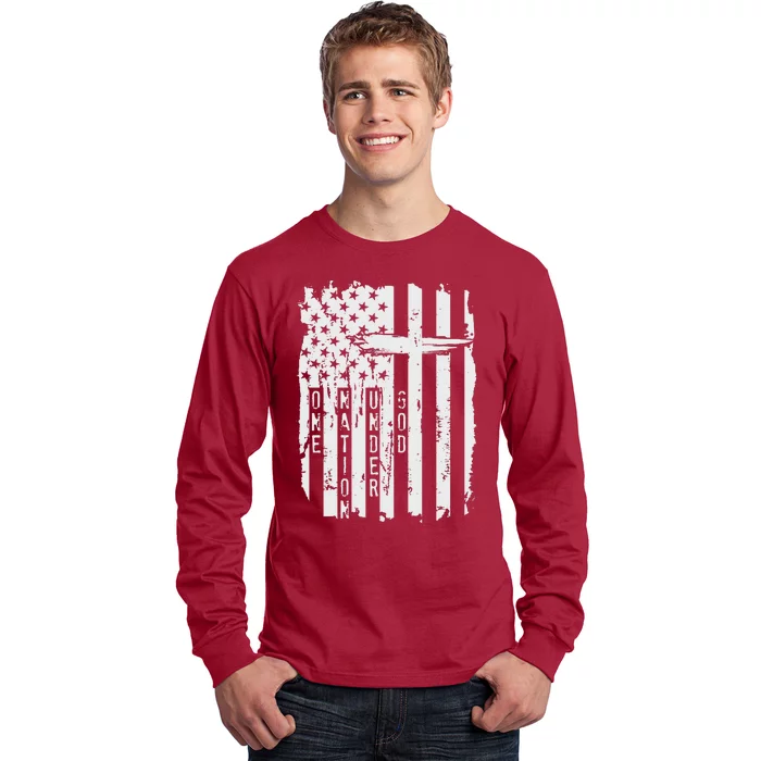 One Nation Under God Grunge Distressed USA American Flag Long Sleeve Shirt